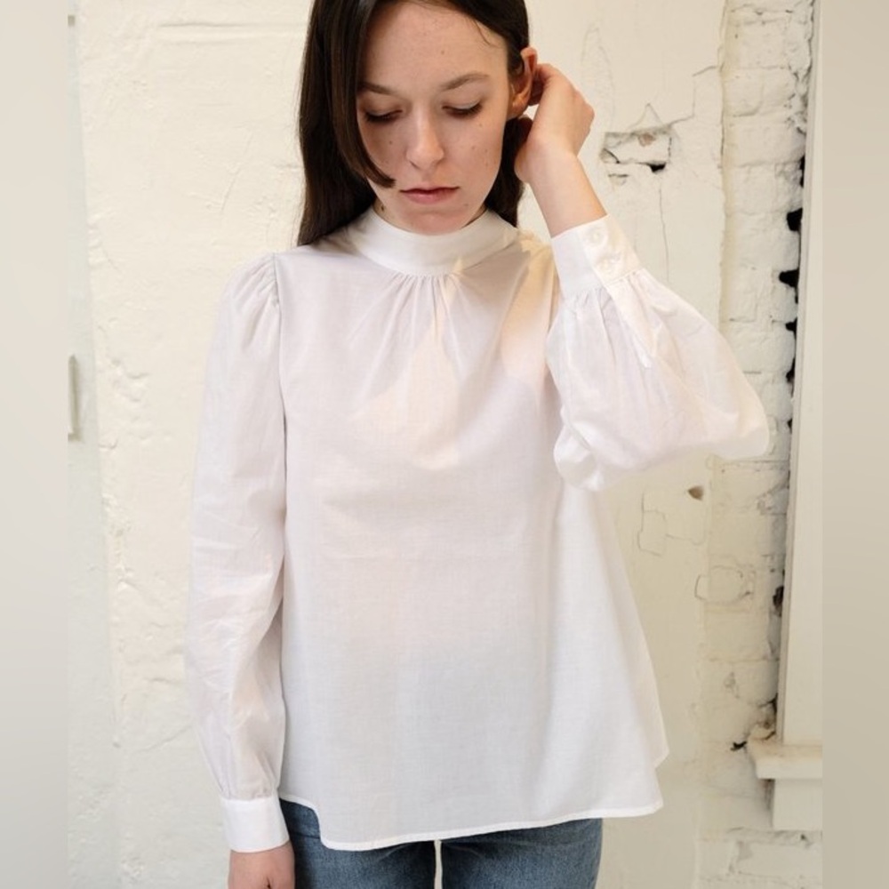 ROLLA'S Allegra White Cotton Poplin Mock Neck Blouse size Small